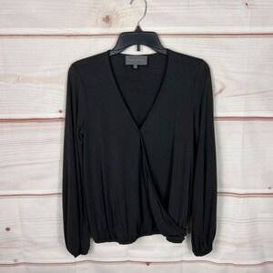 Sundays in Brooklyn Top Womens XS Black Faux Wrap Blouse Knit V-Neck Long Sleeve